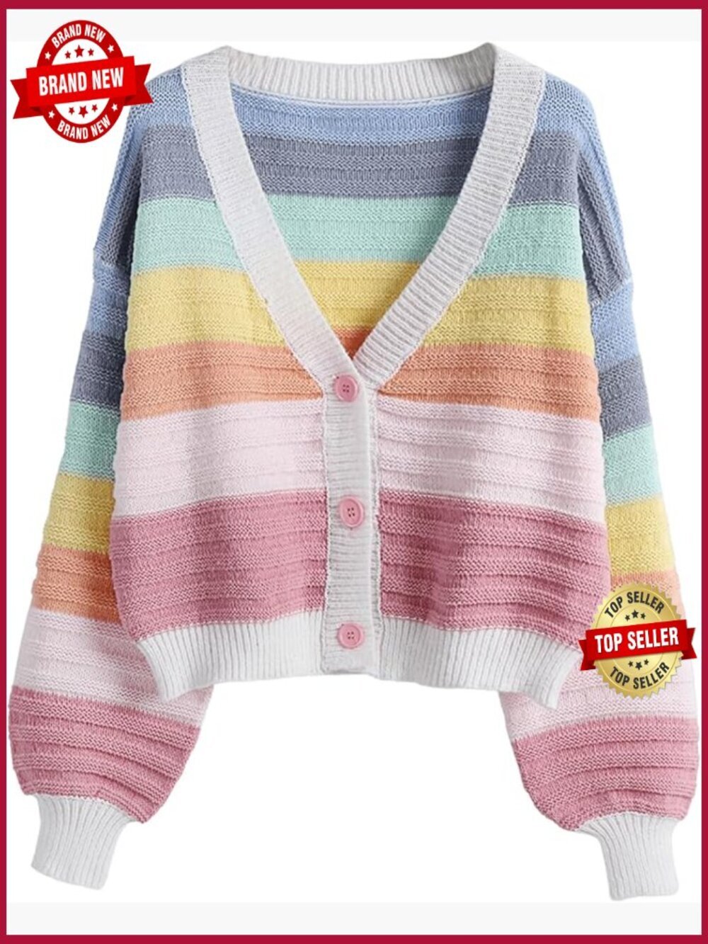 Color Block V Neck Button Front Knit Cardigan Sweater Cropped Long Sleeve